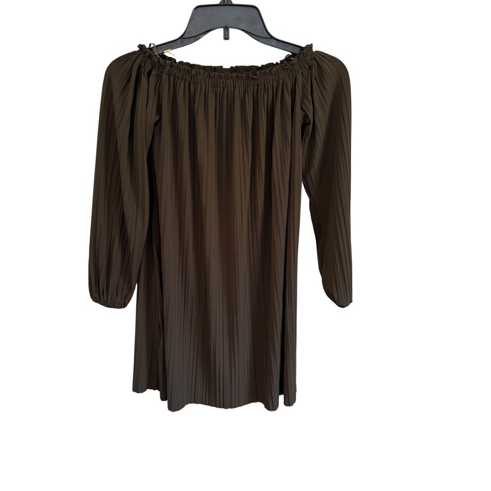 Whimsigoth Earthy Green Plisse Pleated Off Shoulder Mini Dress XS Indie Sleaze